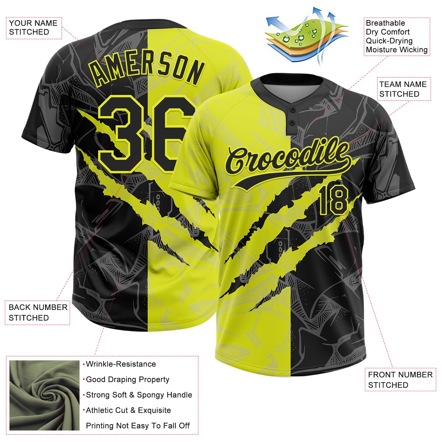 Custom Graffiti Pattern Black-Neon Yellow 3D Scratch Two-Button Unisex Softball Jersey