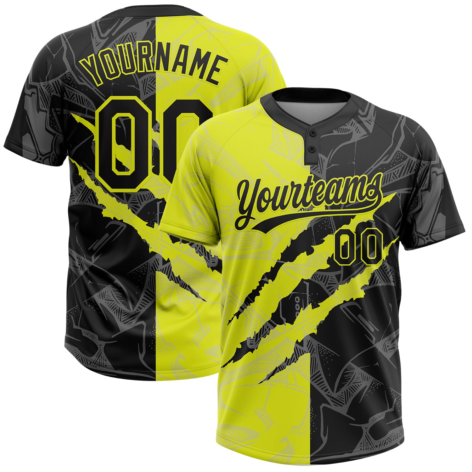 Custom Graffiti Pattern Black-Neon Yellow 3D Scratch Two-Button Unisex Softball Jersey