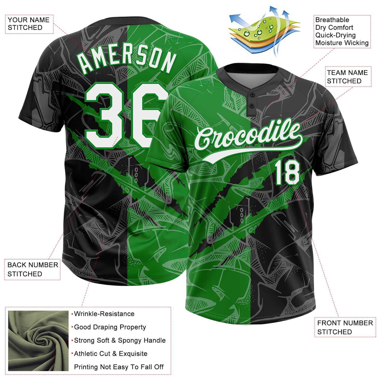 Custom Graffiti Pattern White Black-Grass Green 3D Scratch Two-Button Unisex Softball Jersey