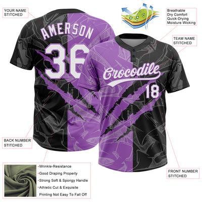 Custom Graffiti Pattern White Black-Medium Purple 3D Scratch Two-Button Unisex Softball Jersey