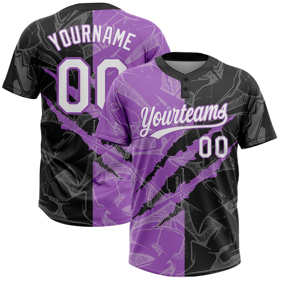Custom Graffiti Pattern White Black-Medium Purple 3D Scratch Two-Button Unisex Softball Jersey