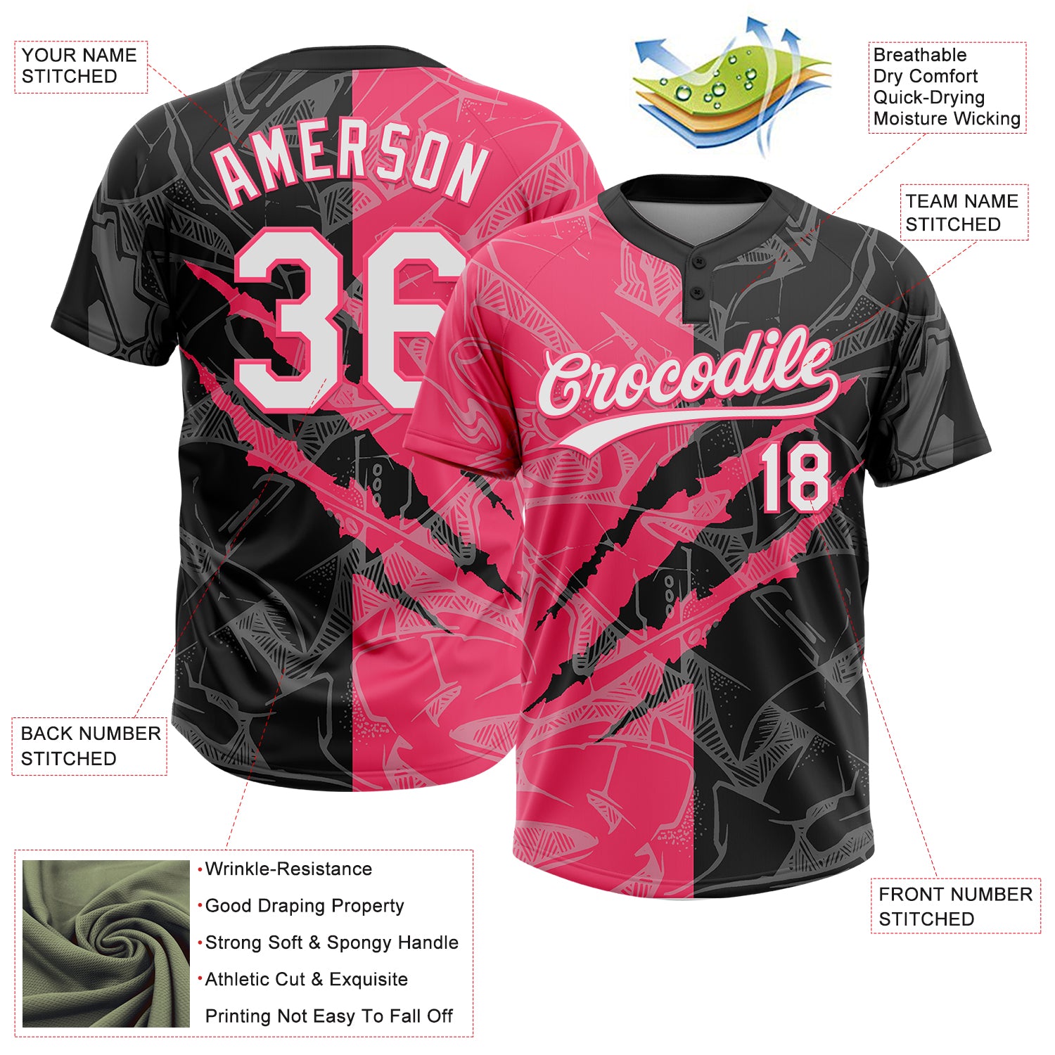 Custom Graffiti Pattern White Black-Neon Pink 3D Scratch Two-Button Unisex Softball Jersey