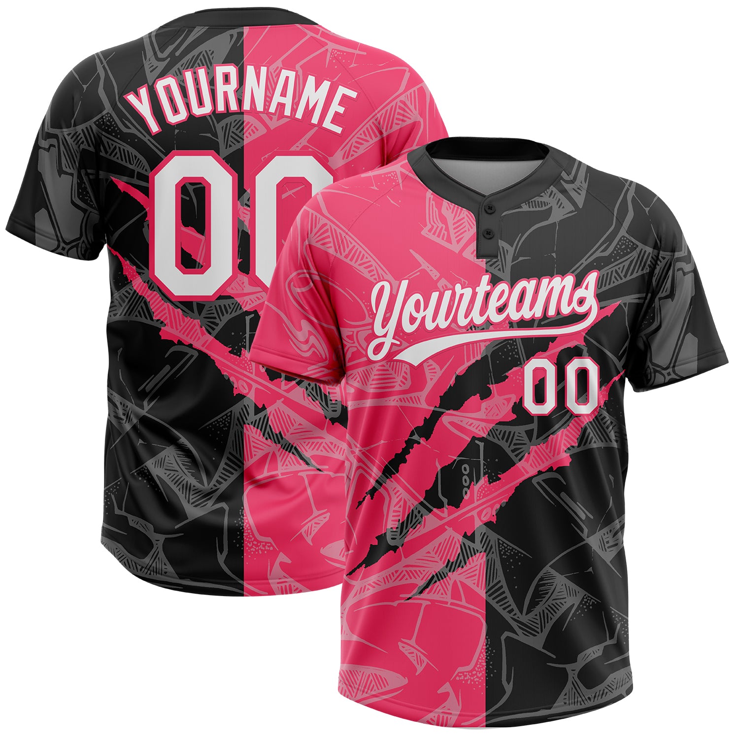 Custom Graffiti Pattern White Black-Neon Pink 3D Scratch Two-Button Unisex Softball Jersey