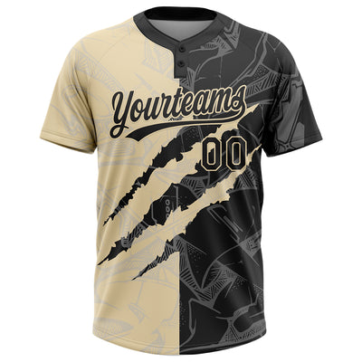 Custom Graffiti Pattern Black-Cream 3D Scratch Two-Button Unisex Softball Jersey