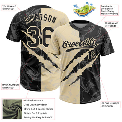Custom Graffiti Pattern Black-Cream 3D Scratch Two-Button Unisex Softball Jersey
