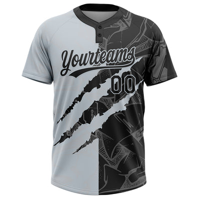 Custom Graffiti Pattern Black-Silver 3D Scratch Two-Button Unisex Softball Jersey