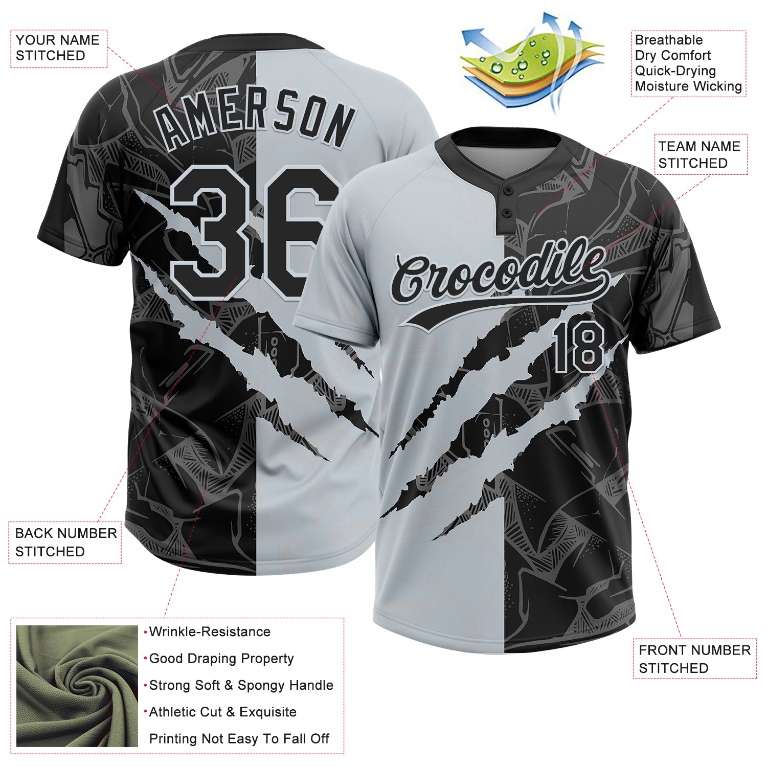 Custom Graffiti Pattern Black-Silver 3D Scratch Two-Button Unisex Softball Jersey