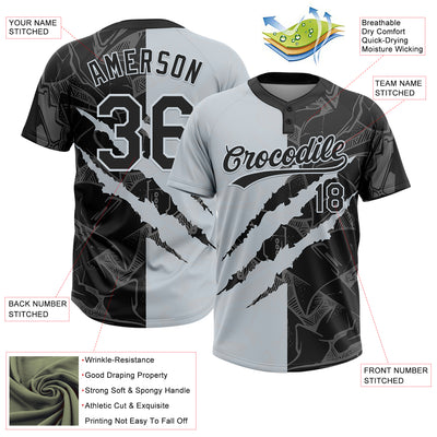 Custom Graffiti Pattern Black-Silver 3D Scratch Two-Button Unisex Softball Jersey
