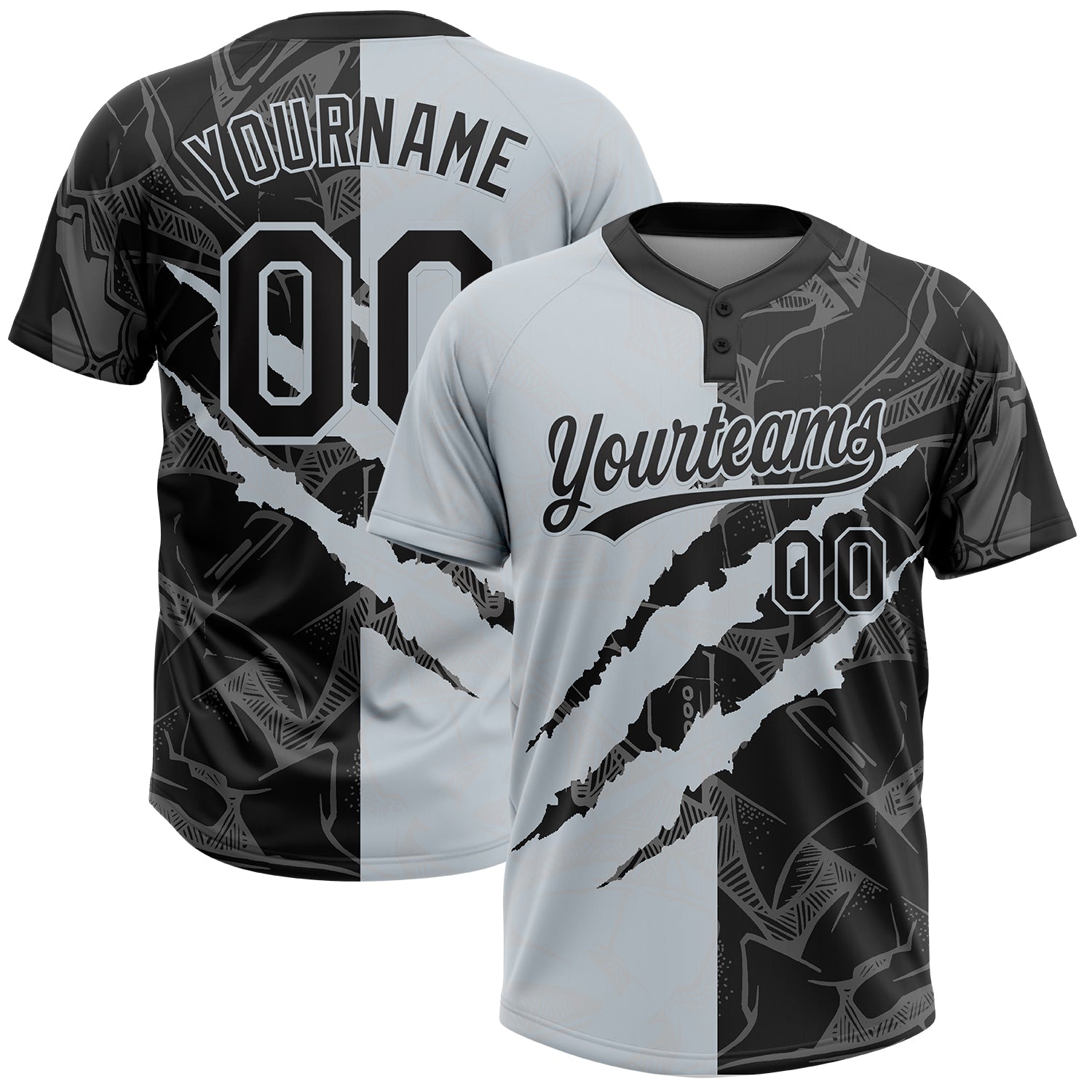 Custom Graffiti Pattern Black-Silver 3D Scratch Two-Button Unisex Softball Jersey