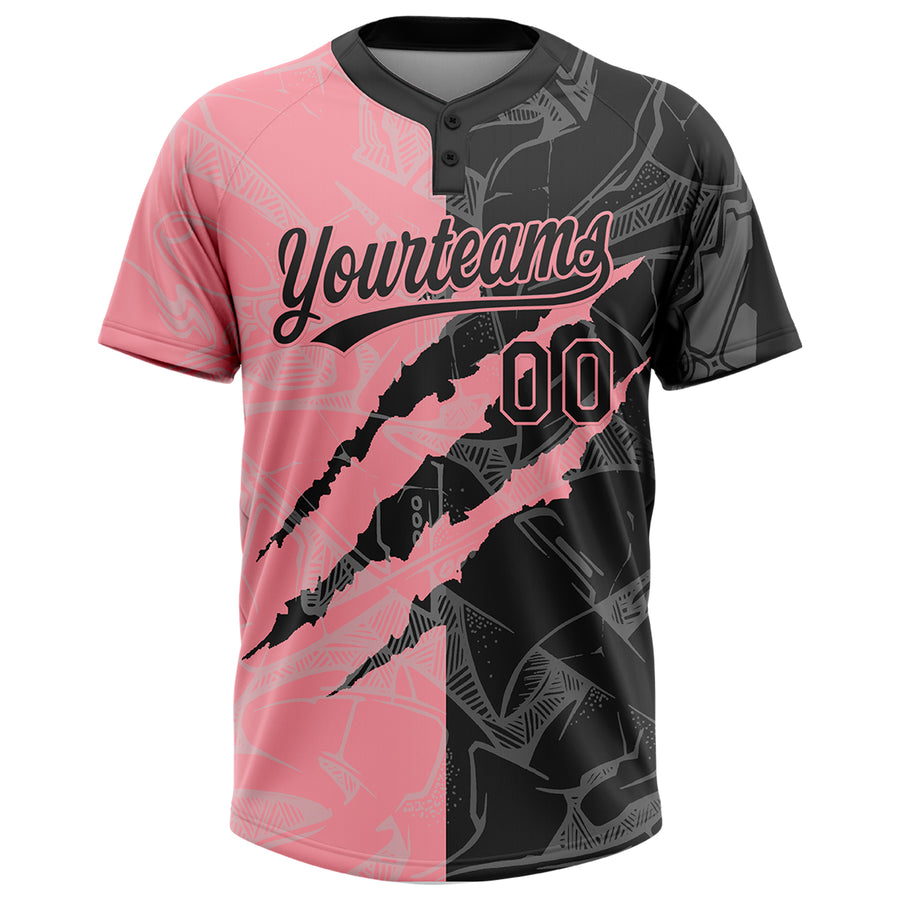 Custom Graffiti Pattern Black-Medium Pink 3D Scratch Two-Button Unisex Softball Jersey
