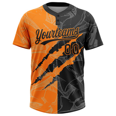 Custom Graffiti Pattern Black-Bay Orange 3D Scratch Two-Button Unisex Softball Jersey