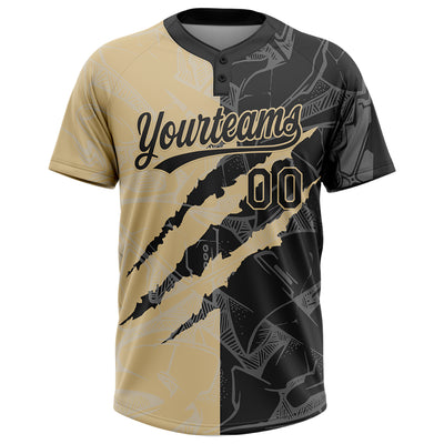 Custom Graffiti Pattern Black-Vegas Gold 3D Scratch Two-Button Unisex Softball Jersey