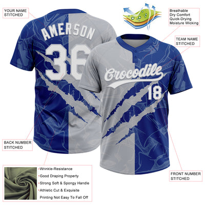 Custom Graffiti Pattern White Royal-Gray 3D Scratch Two-Button Unisex Softball Jersey