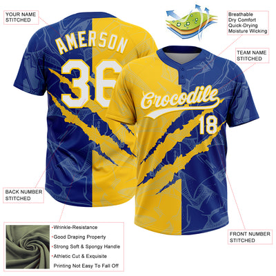 Custom Graffiti Pattern White Royal-Yellow 3D Scratch Two-Button Unisex Softball Jersey
