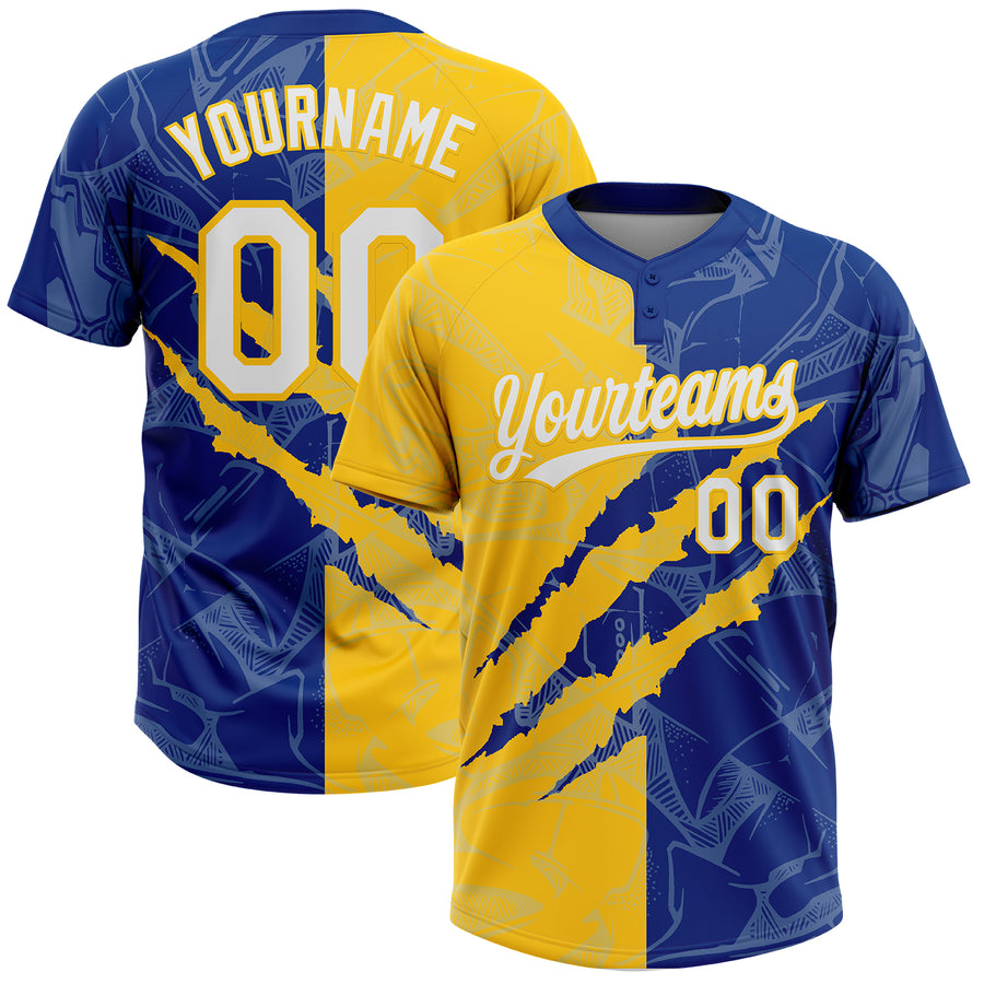 Custom Graffiti Pattern White Royal-Yellow 3D Scratch Two-Button Unisex Softball Jersey