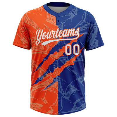 Custom Graffiti Pattern White Royal-Orange 3D Scratch Two-Button Unisex Softball Jersey