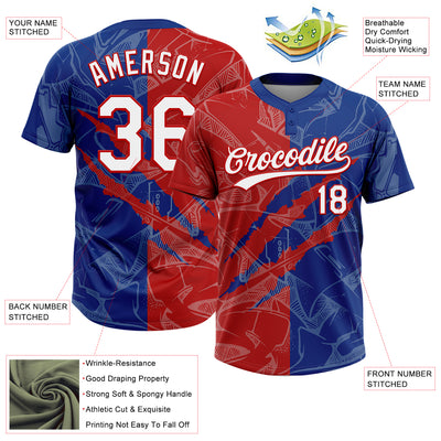 Custom Graffiti Pattern White Royal-Red 3D Scratch Two-Button Unisex Softball Jersey