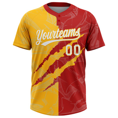 Custom Graffiti Pattern White Red-Gold 3D Scratch Two-Button Unisex Softball Jersey