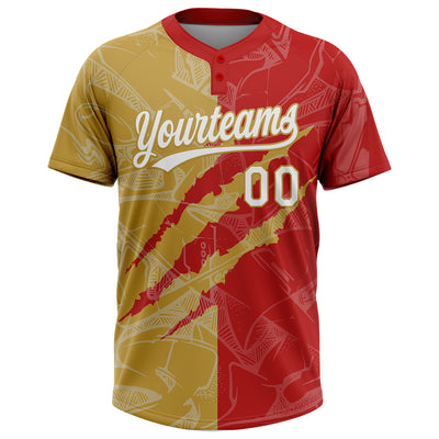 Custom Graffiti Pattern White Red-Old Gold 3D Scratch Two-Button Unisex Softball Jersey