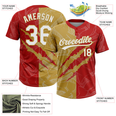 Custom Graffiti Pattern White Red-Old Gold 3D Scratch Two-Button Unisex Softball Jersey