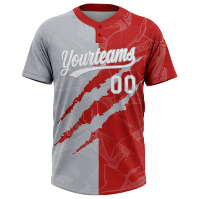 Custom Graffiti Pattern White Red-Gray 3D Scratch Two-Button Unisex Softball Jersey