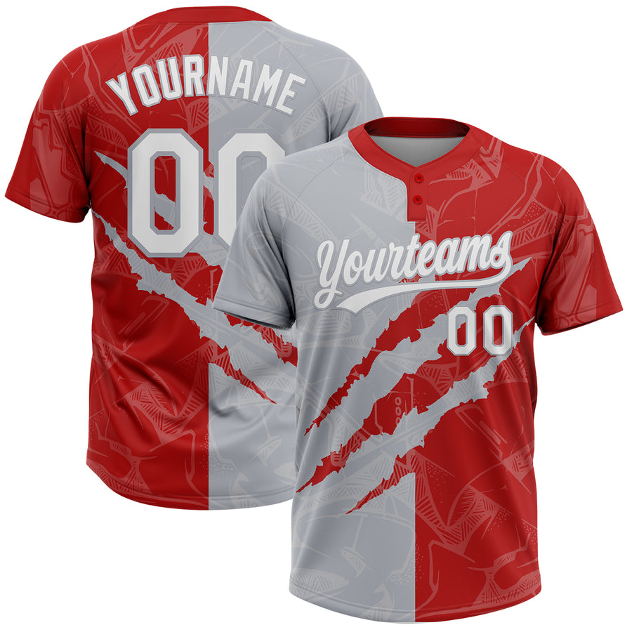 Custom Graffiti Pattern White Red-Gray 3D Scratch Two-Button Unisex Softball Jersey