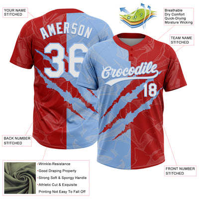 Custom Graffiti Pattern White Red-Light Blue 3D Scratch Two-Button Unisex Softball Jersey