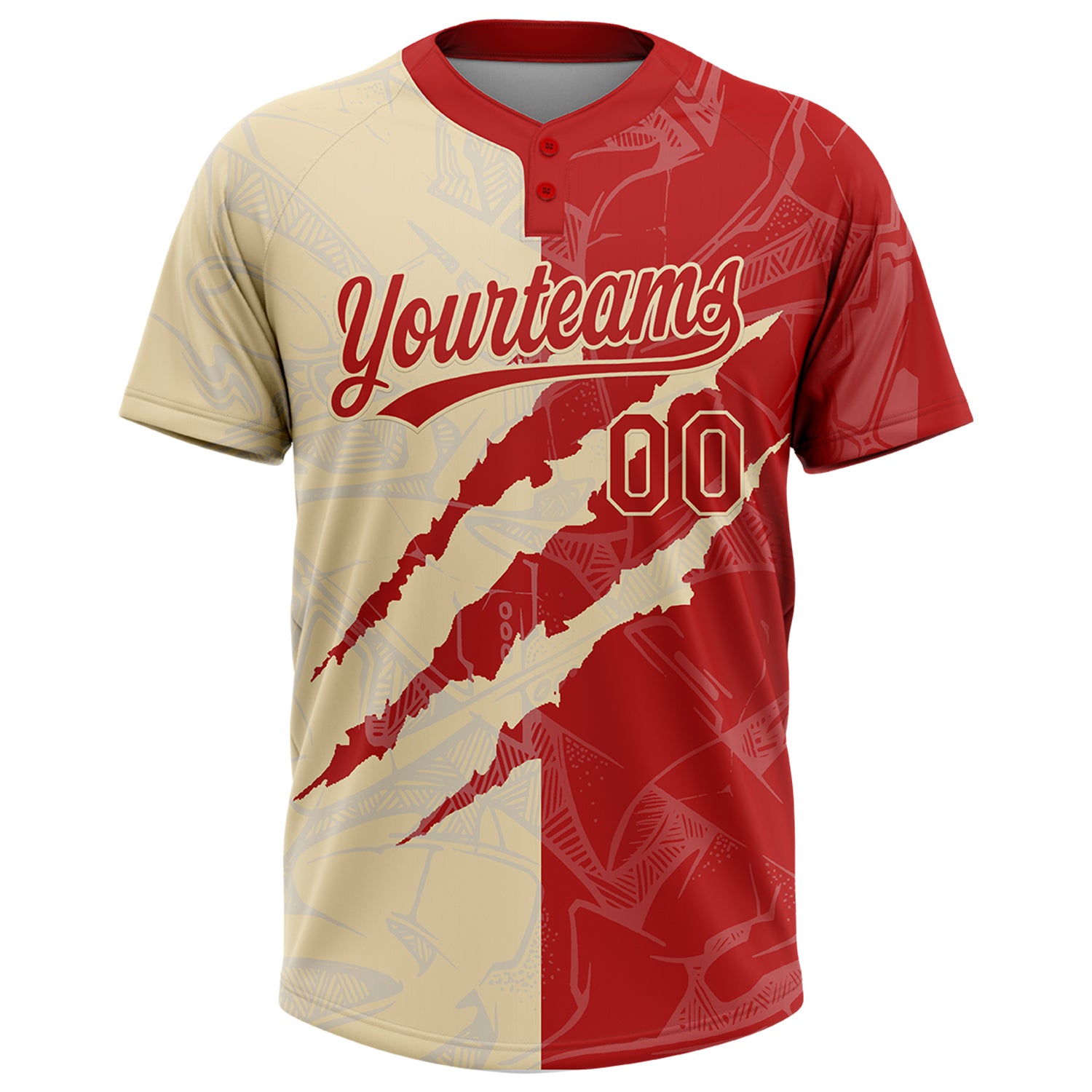 Custom Graffiti Pattern Red-Cream 3D Scratch Two-Button Unisex Softball Jersey