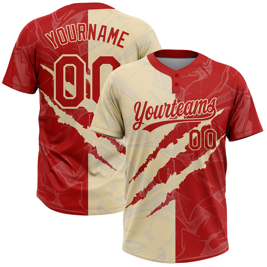 Custom Graffiti Pattern Red-Cream 3D Scratch Two-Button Unisex Softball Jersey