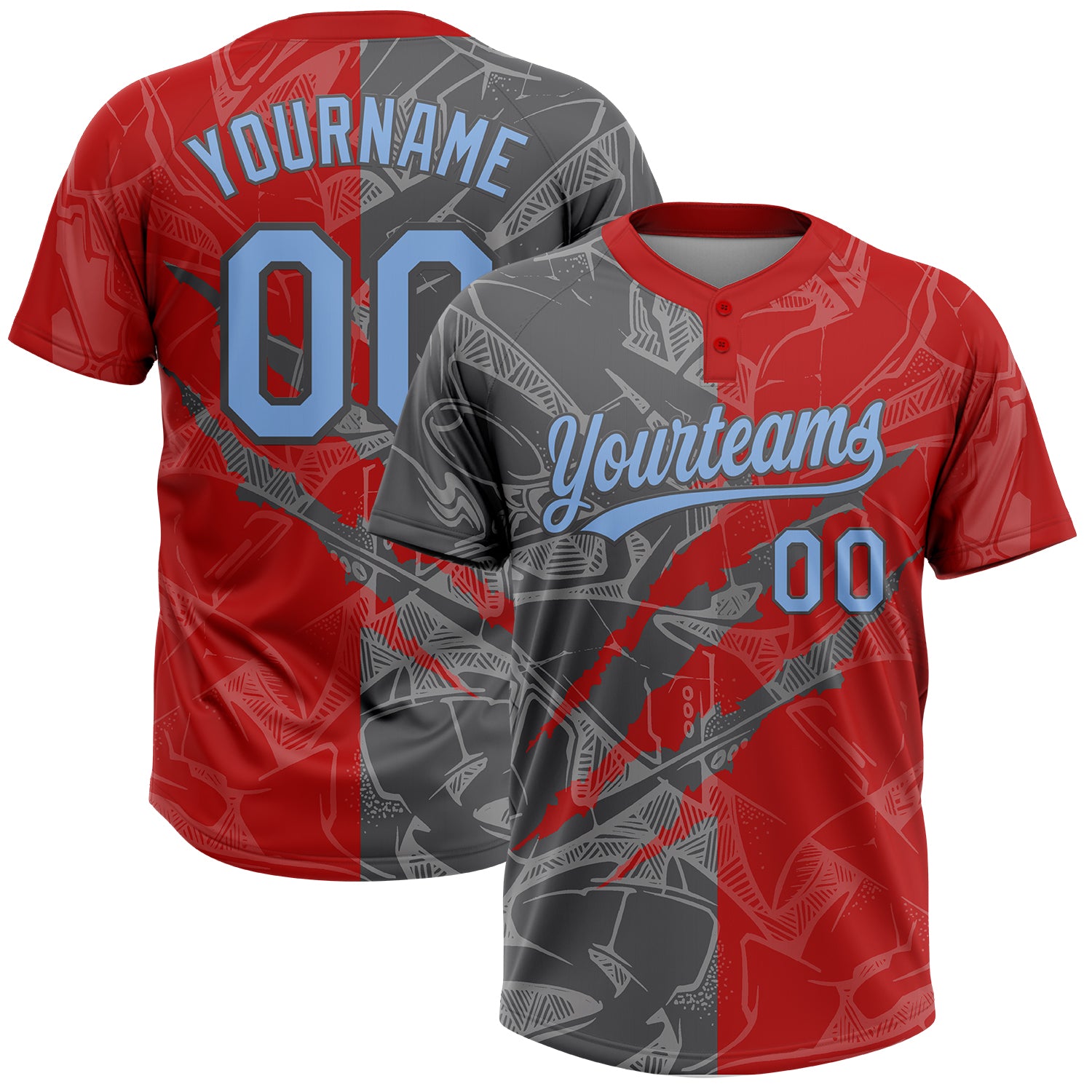 Custom Graffiti Pattern Light Blue Red-Steel Gray 3D Scratch Two-Button Unisex Softball Jersey