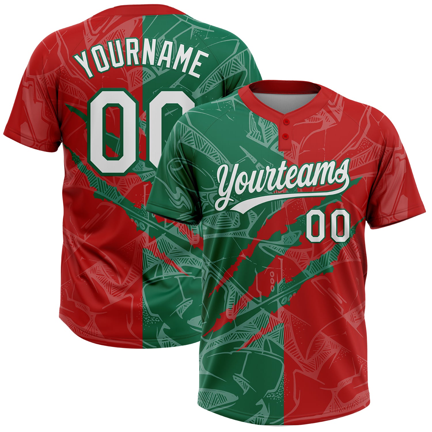 Custom Graffiti Pattern White Red-Kelly Green 3D Scratch Two-Button Unisex Softball Jersey