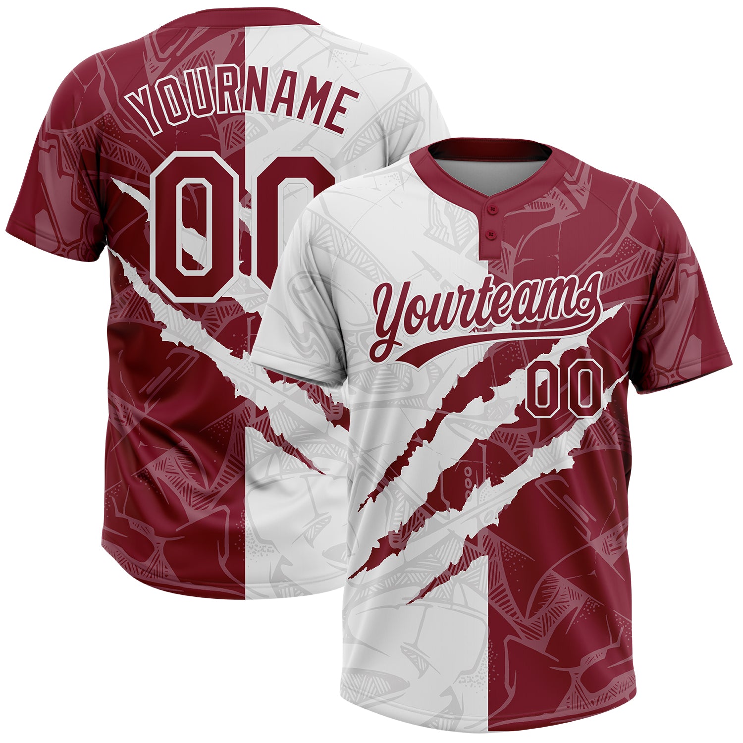 Custom Graffiti Pattern Crimson-White 3D Scratch Two-Button Unisex Softball Jersey