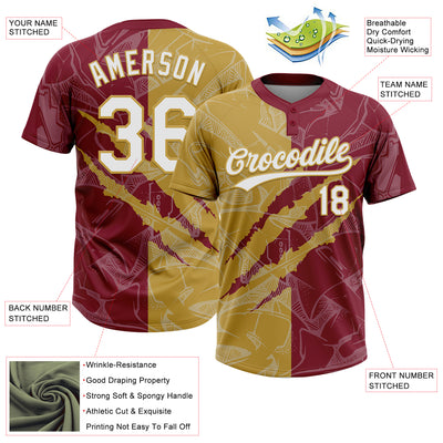 Custom Graffiti Pattern White Crimson-Old Gold 3D Scratch Two-Button Unisex Softball Jersey