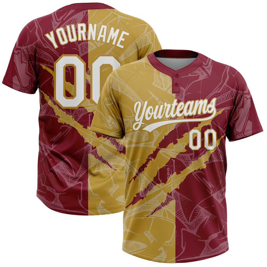 Custom Graffiti Pattern White Crimson-Old Gold 3D Scratch Two-Button Unisex Softball Jersey
