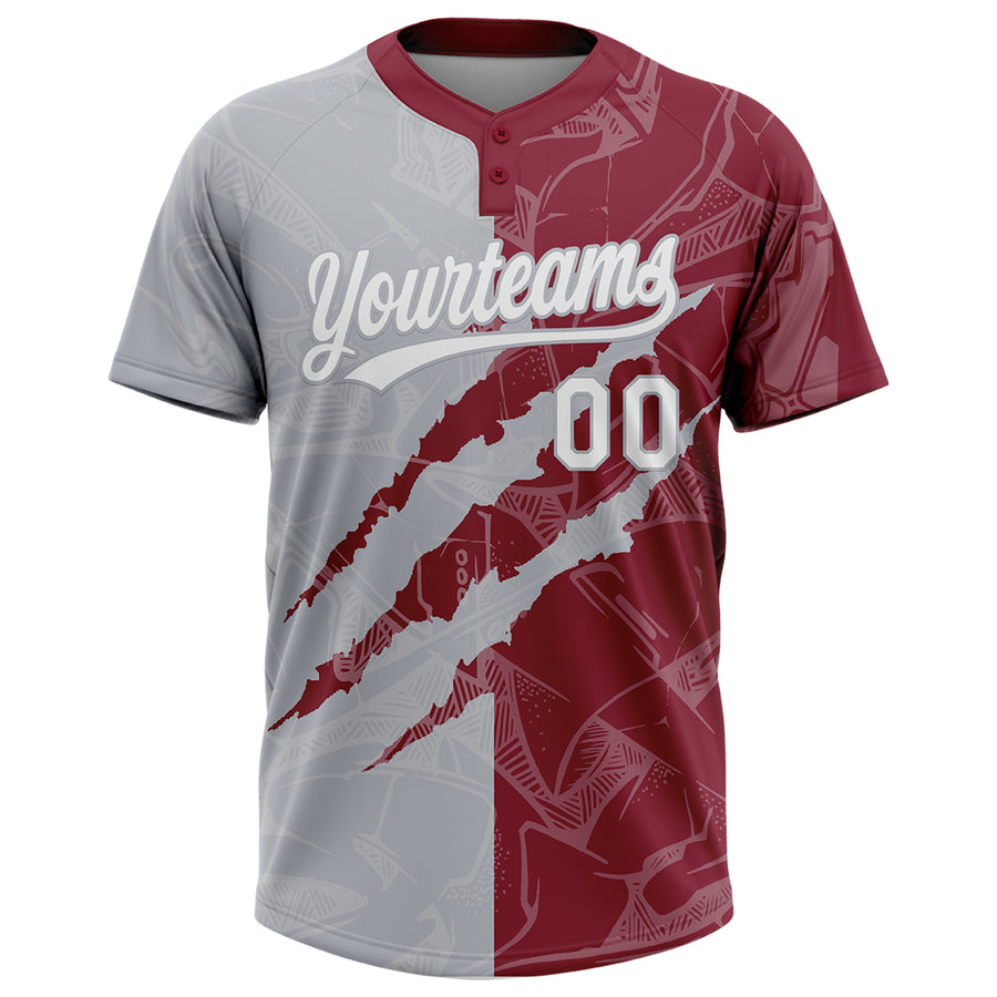 Custom Graffiti Pattern White Crimson-Gray 3D Scratch Two-Button Unisex Softball Jersey