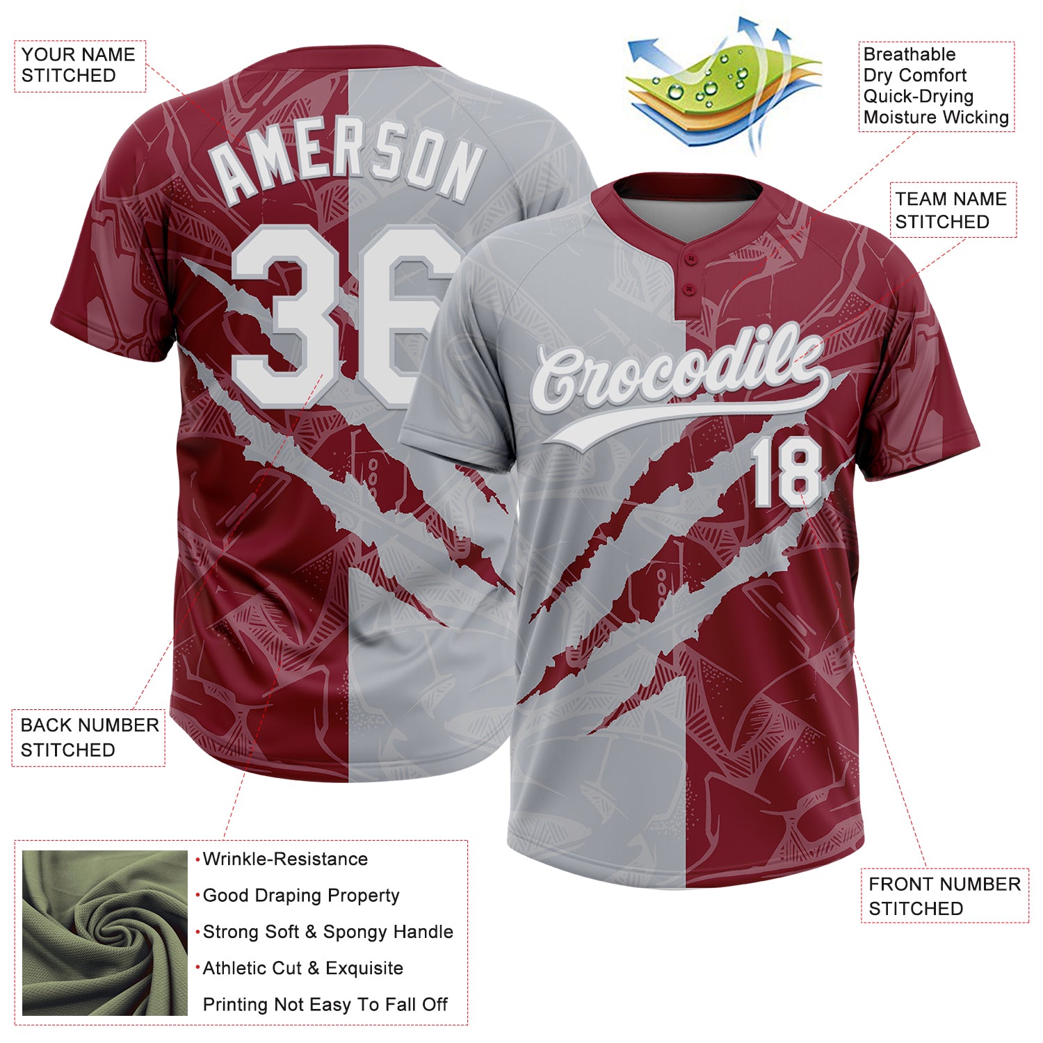 Custom Graffiti Pattern White Crimson-Gray 3D Scratch Two-Button Unisex Softball Jersey