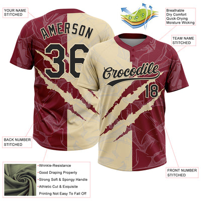 Custom Graffiti Pattern Black Crimson-Cream 3D Scratch Two-Button Unisex Softball Jersey