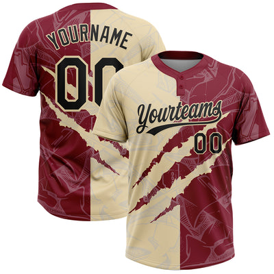 Custom Graffiti Pattern Black Crimson-Cream 3D Scratch Two-Button Unisex Softball Jersey