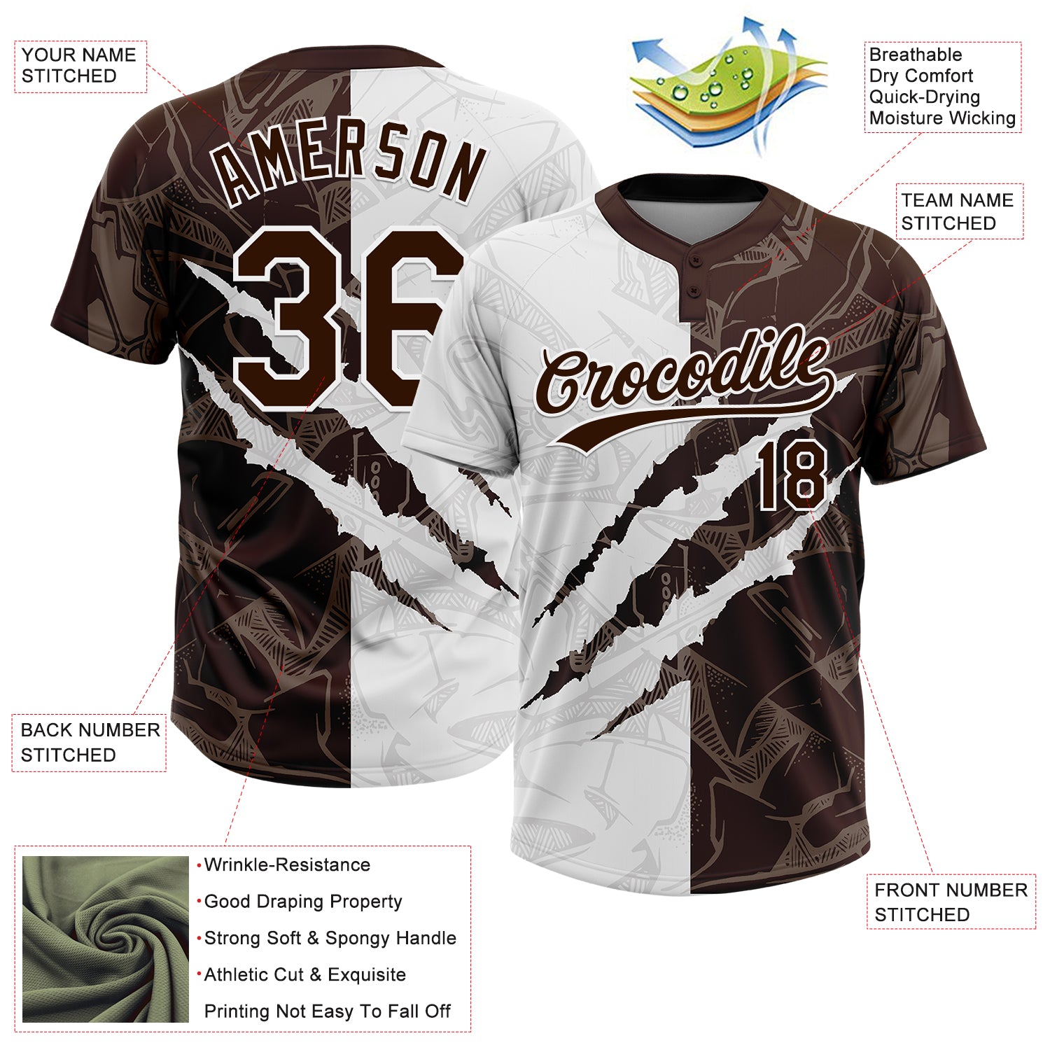 Custom Graffiti Pattern Brown-White 3D Scratch Two-Button Unisex Softball Jersey