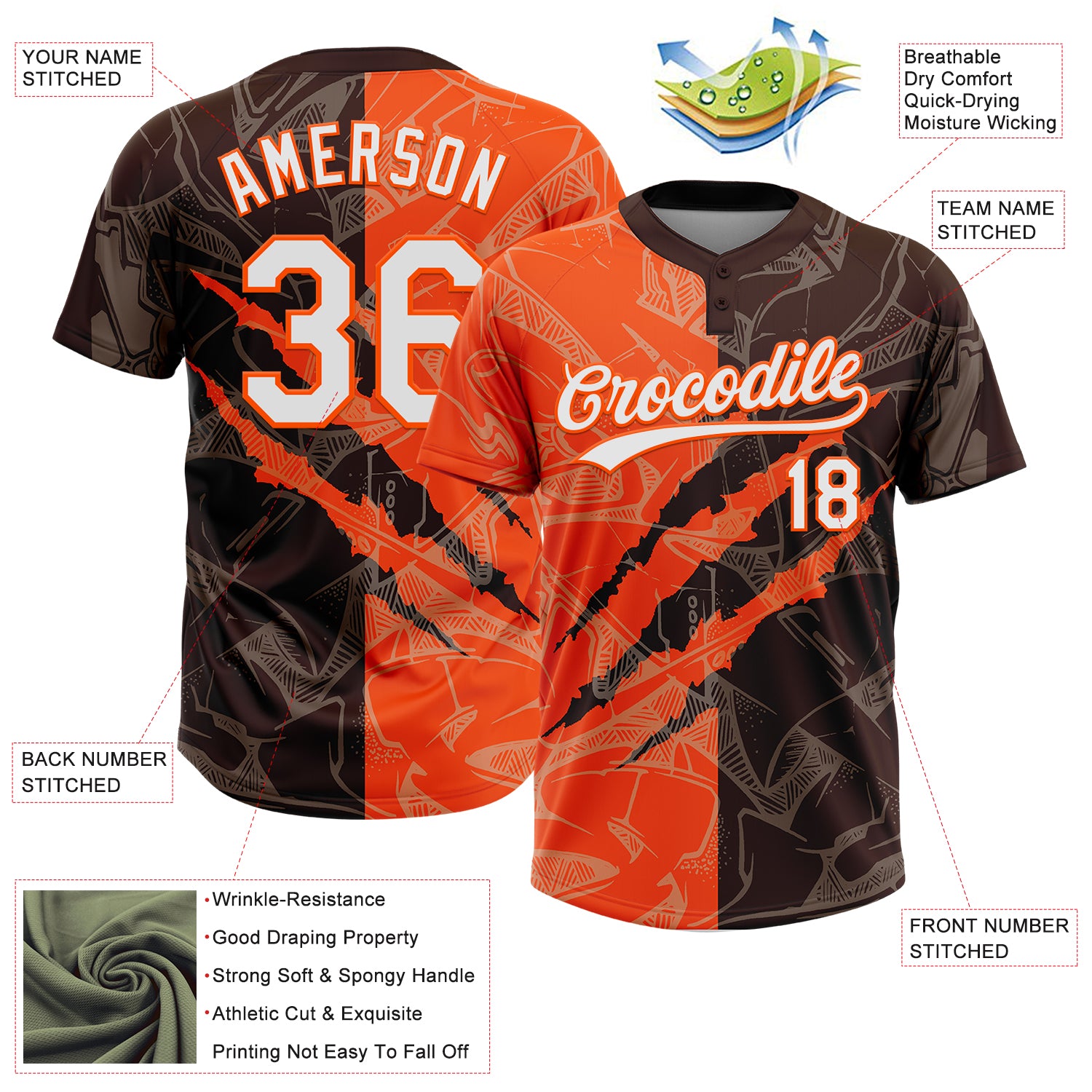 Custom Graffiti Pattern White Brown-Orange 3D Scratch Two-Button Unisex Softball Jersey