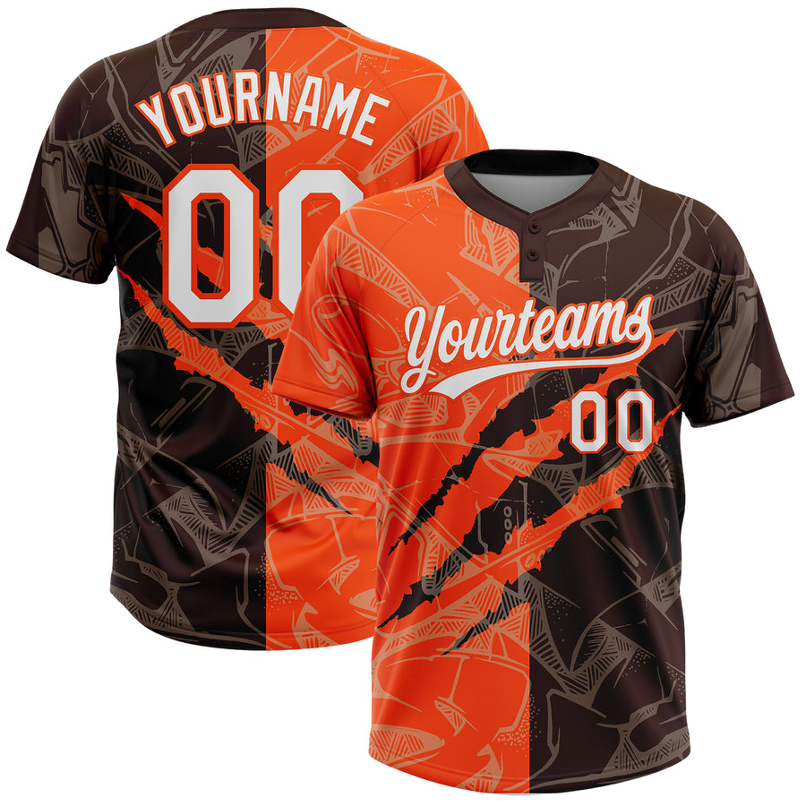 Custom Graffiti Pattern White Brown-Orange 3D Scratch Two-Button Unisex Softball Jersey
