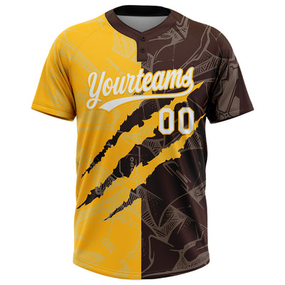 Custom Graffiti Pattern White Brown-Gold 3D Scratch Two-Button Unisex Softball Jersey