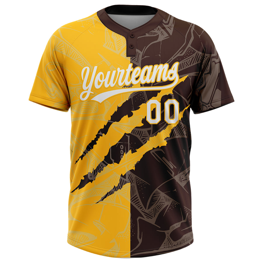Custom Graffiti Pattern White Brown-Gold 3D Scratch Two-Button Unisex Softball Jersey