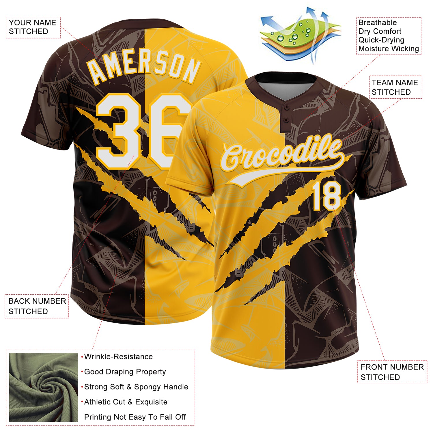 Custom Graffiti Pattern White Brown-Gold 3D Scratch Two-Button Unisex Softball Jersey