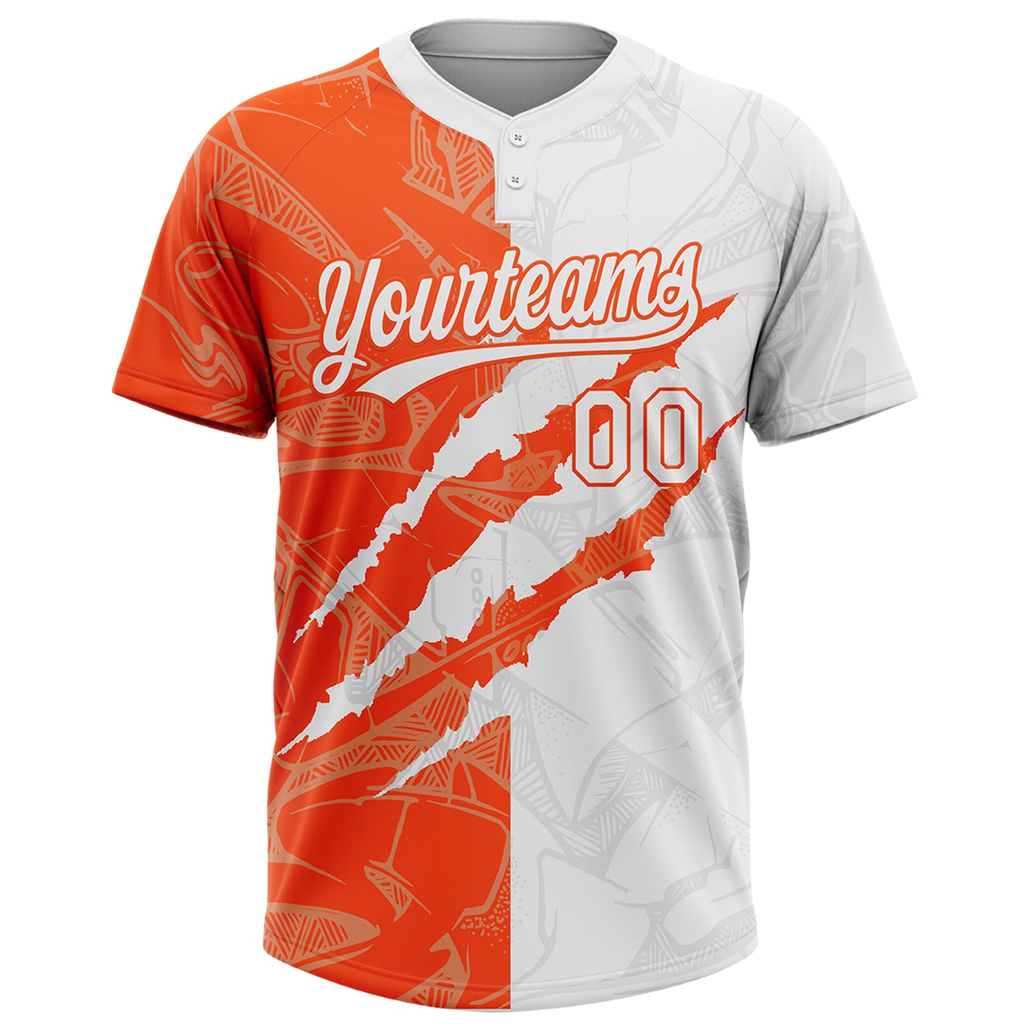 Custom Graffiti Pattern White-Orange 3D Scratch Two-Button Unisex Softball Jersey