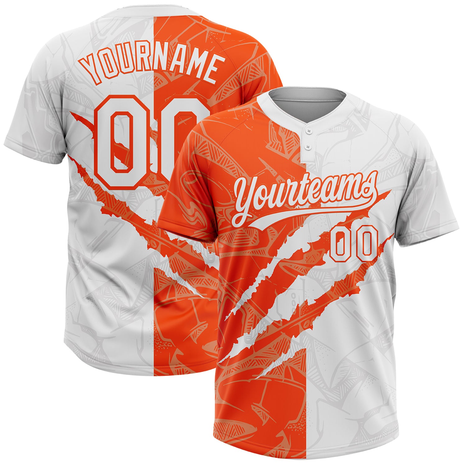 Custom Graffiti Pattern White-Orange 3D Scratch Two-Button Unisex Softball Jersey