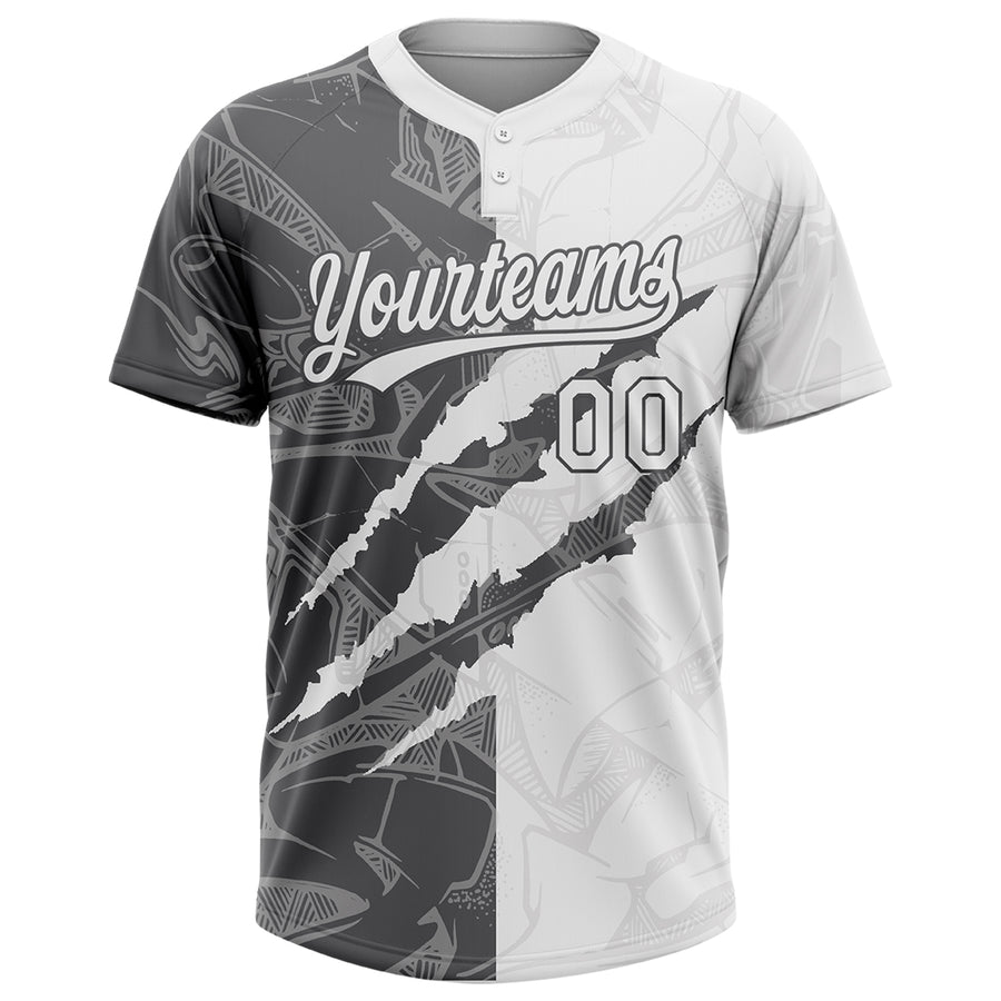 Custom Graffiti Pattern White-Steel Gray 3D Scratch Two-Button Unisex Softball Jersey