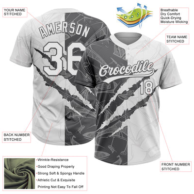 Custom Graffiti Pattern White-Steel Gray 3D Scratch Two-Button Unisex Softball Jersey