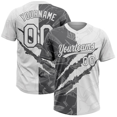 Custom Graffiti Pattern White-Steel Gray 3D Scratch Two-Button Unisex Softball Jersey
