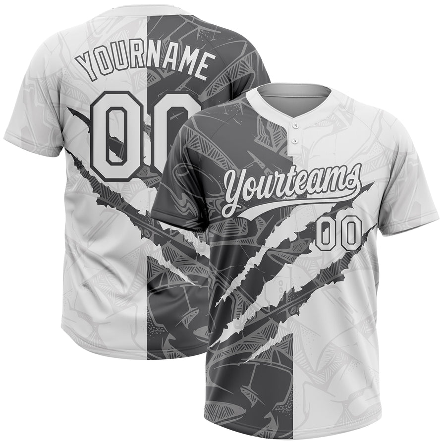 Custom Graffiti Pattern White-Steel Gray 3D Scratch Two-Button Unisex Softball Jersey